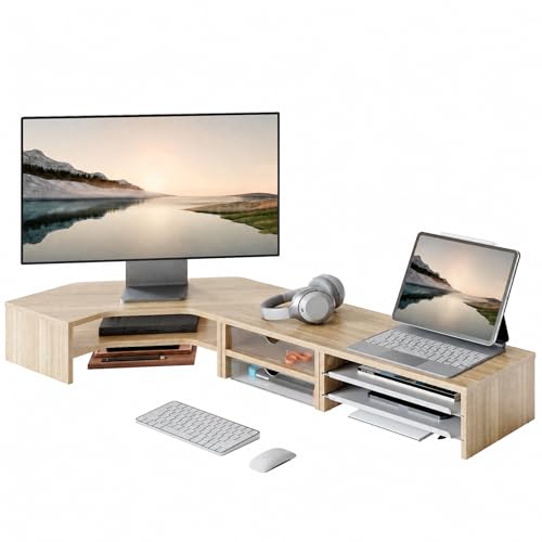 Fenge Dual Monitor Stand, 2-Tier Corner Monitor Riser with Drawer and Slide-out Tray, Triangle Desktop Shelf Organizer for Laptop Computer Printer Home Office Desk, Oak - color: Oak