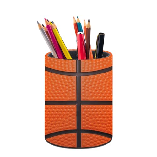 Basketball Texture Pen Holder Pencil Cup for Desk Organizer | Cute Makeup Brush Holder PU Multifunctional Office Suppliesfor Decor Home Classroom School - color: Basketball