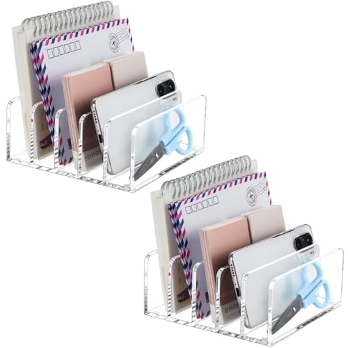 BEYGORM 2 Pack Acrylic Mail Holder, Clear Desk Organizer with Divider, Vertical Letter Sorter for Desktop, 5 Compartments Modern Office Home Envelope Organizer for Bill, Document, Notebook - size: Medium-2pack