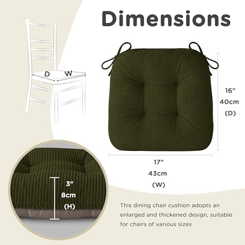 AddGrace Chair Cushions for Dining Chairs Set of 2 Non-Slip Kitchen Seat Cushions with Ties Tufted Thick Seat Pads for Indoor Kitchen Dining Furniture 17"x16"x3" Dark Green - color: Dark Green