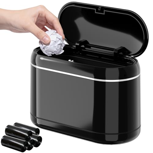 PAVSTINE Mini Trash Can for Desk with 5 Rolls Trash Bags, Black Full-Lid | One-Hand Press-Top Opening, Space-Saving Small Vintage Garbage Bin for Desk & Countertop, Fits Bedroom, Vanity & Kitchen - color: Black Full-Lid