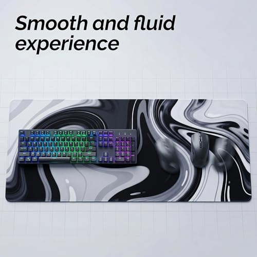 Large Black Grey Liquid Mouse Pad, Extended XL Gaming Desk Pad with Non-Slip Rubber Base, Stitched Edges, Waterproof Surface for Keyboard and Computer 35.4x15.7 inch