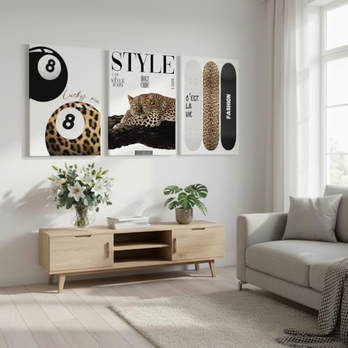 3Pcs Trendy Leopard Canvas Wall Art Preppy Aesthetic Stylish Leopard Painting Picture Wall Decor Funky Lucky 8 Ball Cheetah Poster Print Artwork for Bedroom Living Room Bathroom Home Decoration - color: Canvas, size: 24"L x 16"W