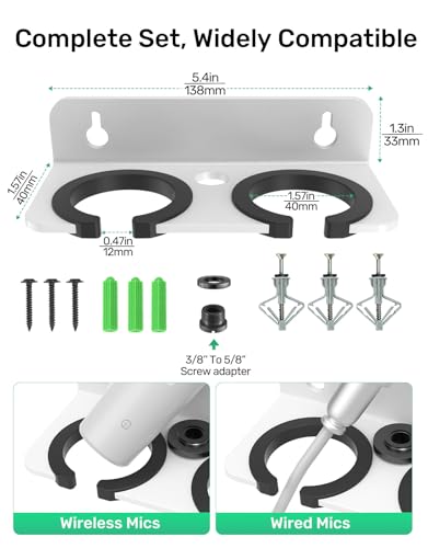 2-Slot White Multi Microphone Holder for Handheld Dynamic, Wired and Wireless Mics Storage Hanger, Double Microphone Stand, Rubber Padding/Wall Mounted or Mounted to 5/8"-27 or 3/8"-16 threaded Stand - size: White Mic Holder