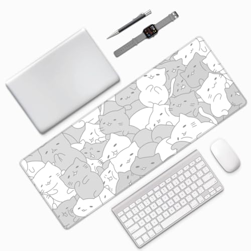 White Kawaii Cats E-Sport Mouse Pad Large Desk Mat Non-Slip Rubber Base Stitched Edge Keyboard Mouse Pad for Office Home E-Sport Computer Laptop, 31.5×11.8 Inches - color: White Kawaii Cats