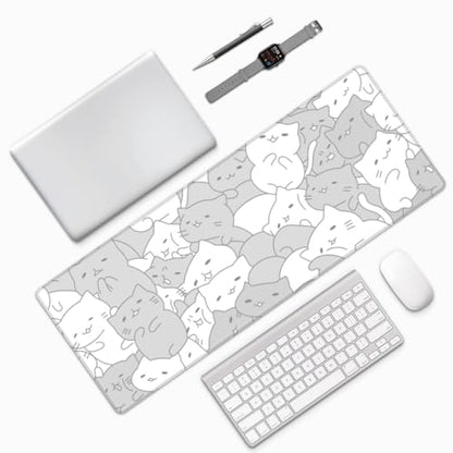White Kawaii Cats E-Sport Mouse Pad Large Desk Mat Non-Slip Rubber Base Stitched Edge Keyboard Mouse Pad for Office Home E-Sport Computer Laptop, 31.5×11.8 Inches - color: White Kawaii Cats