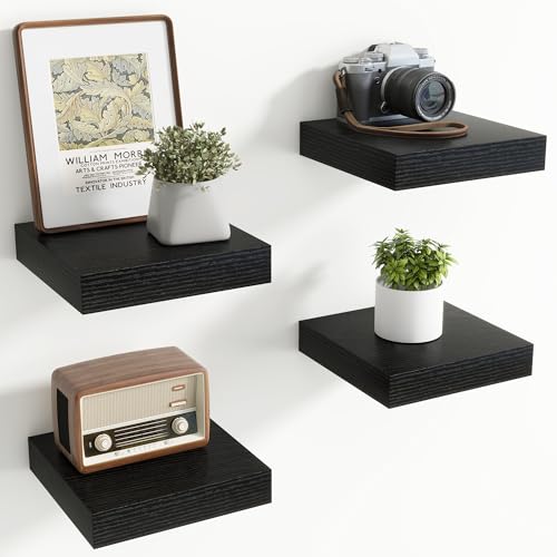 Axeman Square Floating Shelves for Wall, 8" W x 8" D x 1.4" H Rustic Wooden Wall Shelves, 4 Pack Wall Mounted Floating Shelf with Invisible Brackets for Living Room, Bathroom, Kitchen, Black Color - color: Black, size: 8 Inch, Set of 4