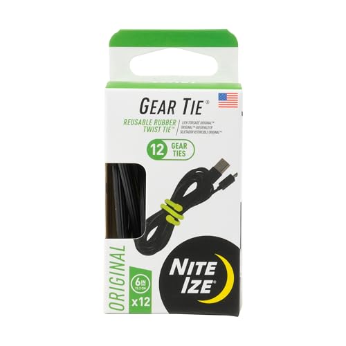 Nite Ize Original Gear Tie - 6-Inch Reusable Rubber Twist Tie - Reusable Gear Ties - Electric Cord Organizers - Twist Ties for Cords - Reusable Zip Ties - Black, 6-Inch, 12 Pack - size: 6" - 12 Pack