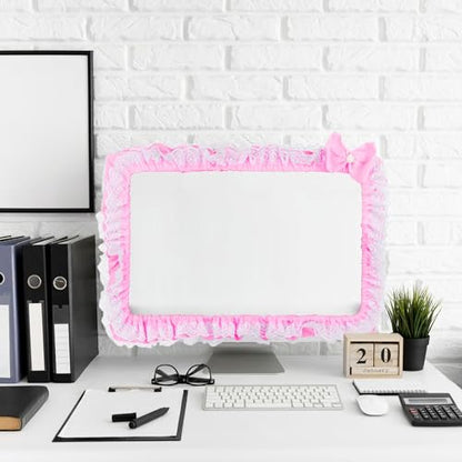Cute Pink Lace 23"-27" Computer Monitor Screen Dust Cover with Bowknot | Lovely Pink Bow | Lace Trim | Adjustable Elastic Band - color: Pink & White Dot