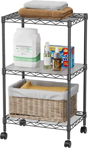 SINGAYE Shelf Closet Wire Shelving：Adjustable Metal Unit for Laundry Room Organization Bathroom Kitchen Home Storage with Wheels Small Pantry Rack Shelves - color: Black, size: 3Tier-11.45"Dx17.5"Wx30.5"H