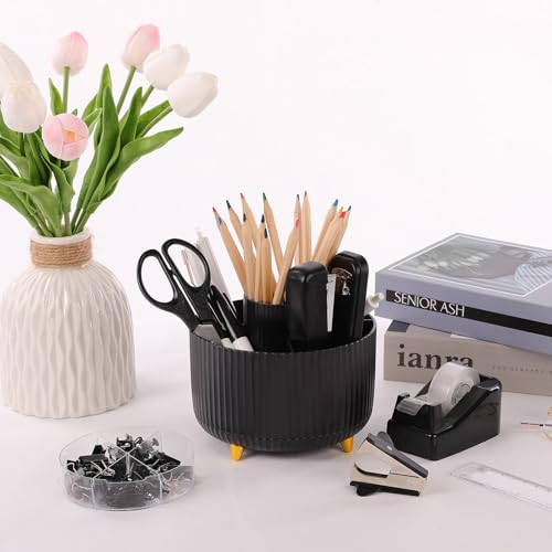 SKYDUE Black Office Supplies, Black Office Desk Accessories 10PCS, Pencil Holder for Desk, Stapler, Tape Dispenser, Scissors, Ruler, Clips and 1000pcs Staples, Desk Supplies Set - color: Black