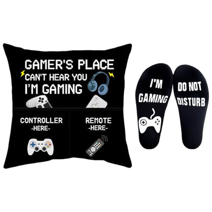 GOAUS Gamer Gifts Funny Socks, Light Up Gaming Pillow Cover 18x18 inch Dual Pockets, Gifts for Men Dad Teens Teenage Boys Son Boyfriend - color: Gaming