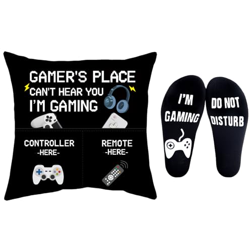 GOAUS Gamer Gifts Funny Socks, Light Up Gaming Pillow Cover 18x18 inch Dual Pockets, Gifts for Men Dad Teens Teenage Boys Son Boyfriend - color: Gaming