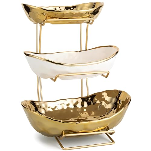 3-Tier Gold Fruit Bowl & Tray with Metal Stand - Ceramic White, Triple Layer for Snacks, Nuts, Bread & Candy Storage - color: A gold triple layer