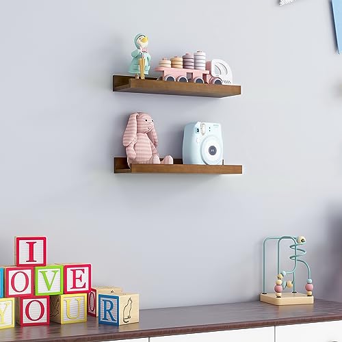 16 Inches Floating Shelves for Wall, Solid Pine Wood Picture Ledge Shelves, Walnut Wall Shelves with Lips, Nursery Book Shelves for Toys Storage Living Room Bedroom Photo Frames (2 Pcs, Walnut) - color: Walnut, size: 16'', set of 2