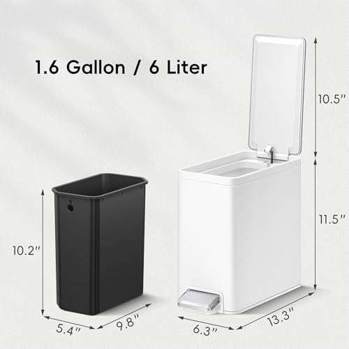 EKO Slim Small Bathroom Trash Can with Lid, Stainless Steel Small Garbage Can with Removable Inner Bucket, 6L / 1.6 Gal, Step On Trash Bin (White) - color: White, size: 6L