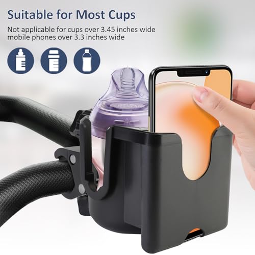 Universal Stroller Cup Holder with Phone Holder, 360°Rotatable Bottle Holder with Strong Clip, Accessories for Stroller, Bike, Wheelchair, Walker, Scooter (UM-SCH-B2409, Large)