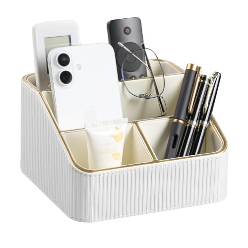 Remote Control Holder with 4 Compartments, PU Leather Small Nightstand Organizer for Home Desk Accessories Office Supplies, Multifunctional Stylish Small Bedside Desktop Organizers (White) - color: White