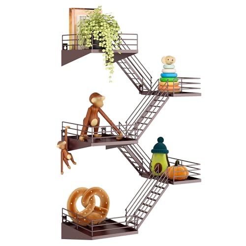 Fire Escape Shelf - 5 Tier Large Coffee Metal Fire Escape Wall Shelves with Baskets, New York Action Figurine Display Shelf, Unique Rustic Floating Decorative Wall Shelves for Home - color: E-coffee-2 5 Tier, size: 5 Tier