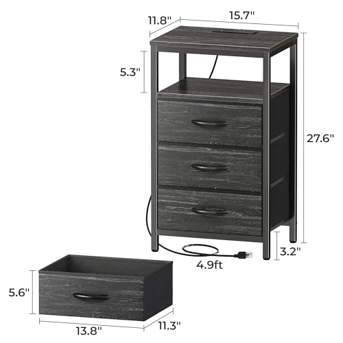 Huuger Nightstand with Charging Station, 27.6 Inch End Table Bedside Table with USB Ports and Outlets, Night Stand for Bedroom, Fabric Drawers, Charcoal Black Wood Grain Print - color: Charcoal Black Wood Grain Print, size: 11.8"D x 15.7"W x 27.6"H (3 Dra