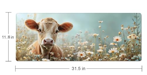 Flower and Little Cow XL Mouse Pad,Large Mouse Pad Gaming 31.5 x 11.8 in Mouse Mat Desk Pad,Extended Keyboard Mousepad Large Desk Mat with Non-Slip Rubber Base and Stitched Edge for Home Office - color: Flower and Little Cow