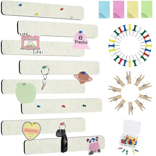 Vuzvuv 8 pcs Bulletin Board Bar Strips with 50 Pushpins & 10 Wooden Clip pins，Self Adhesive Cork Board for Wall，Felt Pin Board for School，Office Decor(Cream White) - color: Cream White