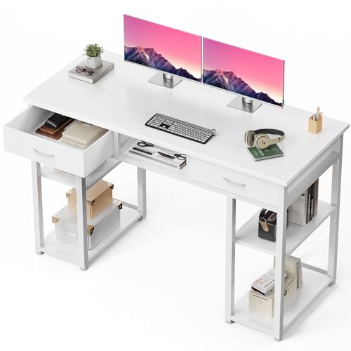 DUMOS 48" Small Computer Home Office Desk for Bedroom with Drawers, Gaming Writing Study Table with Storage Shelf, Adjustable Feet, Compact Desk for Gaming and Home Office Use, Metal Frame White - color: White, size: 48-In