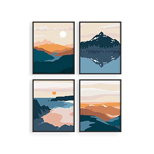 HAUS AND HUES Nature Wall Art Prints - Set of 4 Mountain Landscape Decor, Mid-Century Modern Art, Abstract Nature Wall Art | Black Framed 8x10 - color: Mid-century Mountain Landscape, size: 8x10, style: Black Framed
