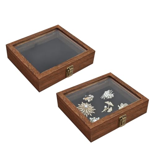 MOOCA Tempered-Glass Top 2 pieces Set Small Wooden Jewelry Display Case with Removable Black Luxurious Velvet Jewelry Display Pad, Deeper 2.2" Design for Collectibles, Brown Color. - color: Brown With Velvet Pad, 2 pieces
