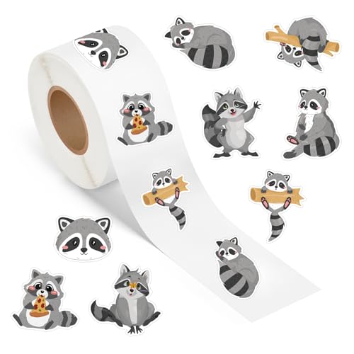 500 Pcs Cute Raccoon Stickers Roll Cartoon Self Adhesive Waterproof Vinyl Decals for Birthday Party Decorations Supplies Favors Scrapbook Envelope Seals DIY Craft Funny Reward - color: Raccoon Stickers Roll