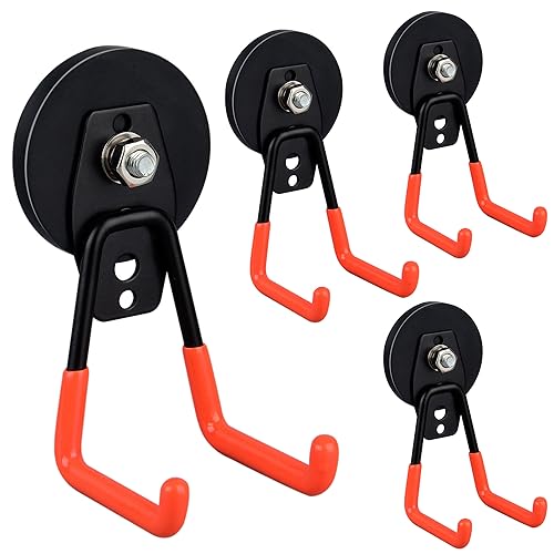 ULIBERMAGNET Heavy Duty Magnetic Garage Hooks,4 Pack Strong Large Magnet Hooks for Power Drill,Garden Tools,Hose,Pegboard,Garage, Workshop,Magnetic Storage Hooks for Indoor Outdoor Hanging(Orange) - style: 2.59" Medium L Orange 4PC