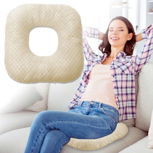 Stuffed Donut Pillow Seat Cushion | for Tailbone and Coccyx Pain, Hemorrhoids, Bed Sores, Pregnancy, Prostate, Surgery Recovery, Sitting Pressure Relief, for Home, Office and Car (Beige) - color: Beige