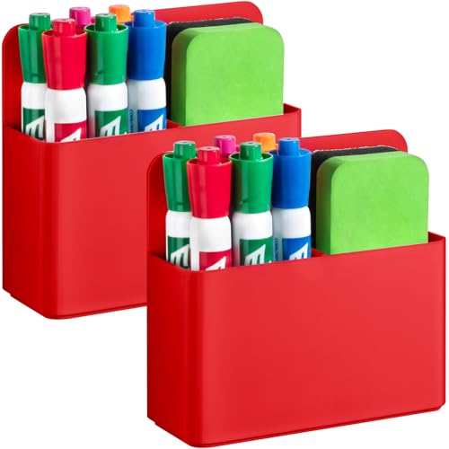 2 Pcs Magnetic Dry Erase Marker Holder for Whiteboard, Plastic Magnetic Pen Holder for Refrigerator Fridge, Magnet Pencil Cup for School Classroom, Locker Accessories, Pen Cup Organizer-Red - color: Red
