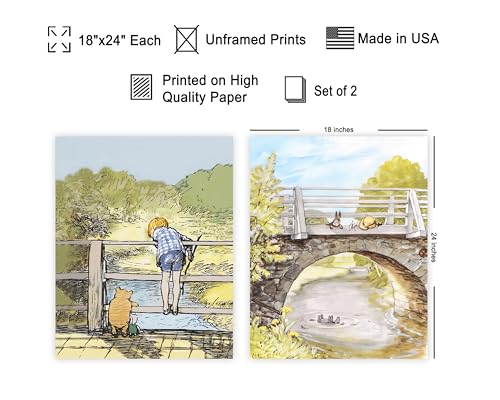 Monem Art 2-Piece Vintage Winnie Pooh and Friends Poster - Winnie Pooh on Stone Bridge Print - Story Book Art - Watercolor Art - Aesthetic Kid's Room or Nursery Decor - 18x24 UNFRAMED Wall Art - color: Style-11, size: 18"L x 24"W