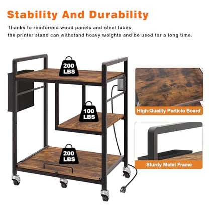 Sedegn Large Printer Stand with Wheels: Lockable Rolling Printer Cart | 24 x 18 Inch Top Fits Laser Printers Shredders and PC Towers 3-Outlet Power Strip and Storage Bag for Home Office (Brown) - color: Brown
