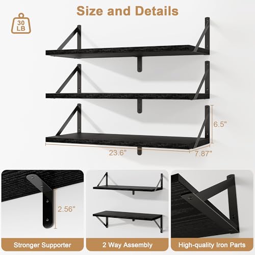 Fun Memories Floating Bookshelves, Set of 3 Wall-Mounted Wood Shelves 24" W x 8" D, Decorative Wall Shelf for Living Room, Bedroom, Bathroom, and Laundry Room (Black) - color: Black, size: 24"W x 8"D