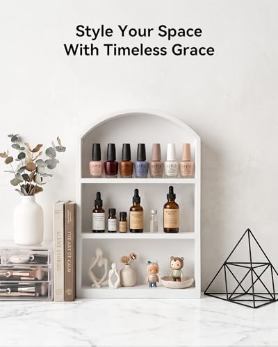 9"x13.5" Small Arched Trinket Display Shelf Shadow Box, White | Fully Assembled, Wooden Shelf for Wall or Desk, Display Collectibles, Knick Knacks, Mini Figurines, Perfumes & Crystals - color: White