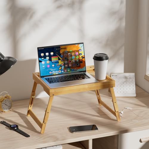 Artmeer Bed Tray Table with Folding Legs, Bamboo Breakfast Food Tray with Media Slot, Use As Platter, Laptop Desk, Snack, TV Tray Kitchen Serving Tray (Bamboo Large Adjustable Legs) - color: Bamboo, size: Large Adjustable