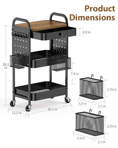 ALVOROG Rolling Cart with Drawer and Wood Table Top, 3 Tier Metal Rolling Utility Cart on Wheels with DIY Pegboards, Hanging Baskets, Hooks for Bedroom,Office,Craft Supplies (Black)
