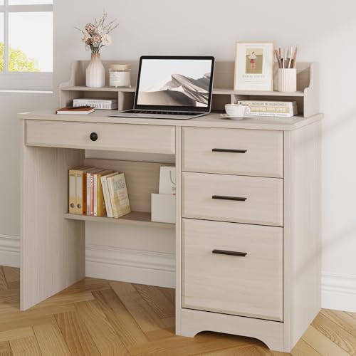Small Desk with 4 Drawers, Computer Desk with Storage & Monitor Stand for Small Spaces, Office Desk with File Drawer & Shelves for Bedroom, Wood Writing Desk for Home Office, Milky White - color: Milky White