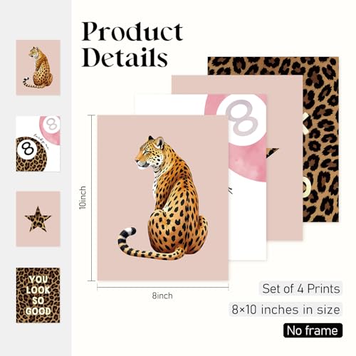 Locomiss Preppy Trendy Leopard Wall Art Posters, Cheetah Print Wall Decor, Retro Funky Leopard Lucky 8 Ball Star Posters for Home Girls College Dorm Bedroom Decor, Set of 4(8x10 Unframed) - color: pink