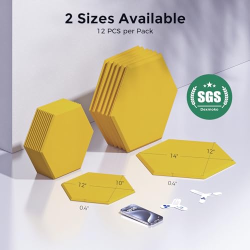 Self-Adhesive Acoustic Panels [390 lbs/yd³ Ultra-High Density], 2nd Generation Sound Absorbing Panel, Professional Level Sound Panel, Polyester Soundproof Foam [Medium Hexagon, Yellow] - color: Yellow, size: Medium Hexagon (12''x10''x0.4'')