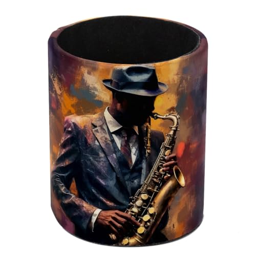 Gentleman Playing the Saxophone Pen Holder Pencil Organizer for Desk, 3.1” x 3.1” x 3.9” Pencil Cup Office Supplies, Large Capacity Cute Pen and Makeup Brush Holder for Home, School, Desktop - color: Gentleman Playing The Saxophone