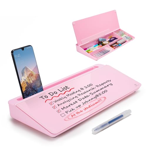 TSJ OFFICE Desktop Whiteboard Dry-Erase-Board - Computer Keyboard Stand White Board Surface Pad with Drawer, Desk Organizers with Accessories for Office, Home, School Supplies - Complete Pink - color: Pink Base/Glass