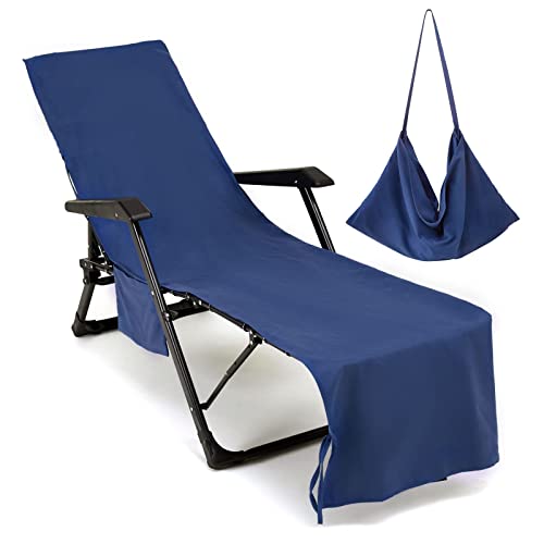 VOCOOL Lounge Chair Cover Microfiber Beach Chair Cover Towel with Pockets | Soft Absorbent Quick Dry, Chaise Lounger Towel Cover, for Outdoor Sunbathing Garden Courtyard Hotel, 85 x 30 inch, Dark Blue - color: Dark Blue