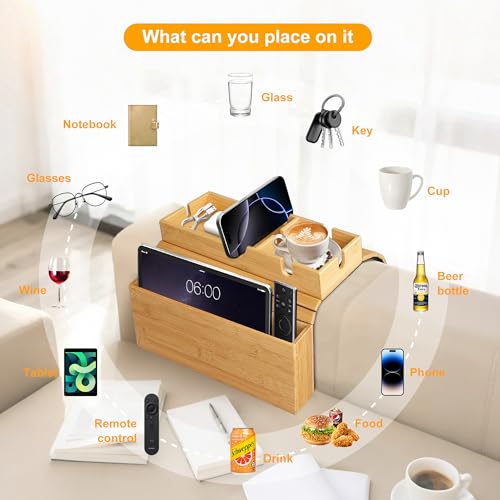 MinBoo Sofa Arm Tray Bamboo with Side Storage Pocket Couch Arm Table Cup Holder Absorbent Pad Foldable Portable Sofa Arm Chair Table for Drink Cups EatsSnacks Phone Remote Home Gift Accessory