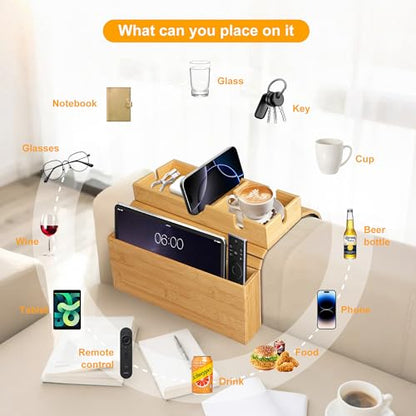 MinBoo Sofa Arm Tray Bamboo with Side Storage Pocket Couch Arm Table Cup Holder Absorbent Pad Foldable Portable Sofa Arm Chair Table for Drink Cups EatsSnacks Phone Remote Home Gift Accessory