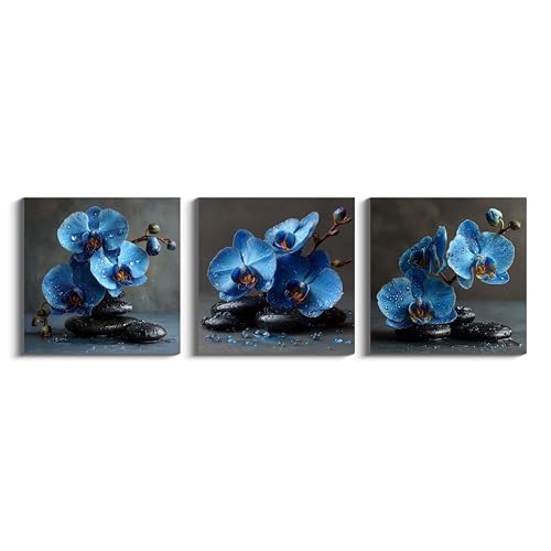 NAN Wind 3PCS Blue Orchid Flower Wall Art Zen Spa Stones Canvas Print Water Droplets Floral Still Life Artwork Tranquil Botanical Modern Bathroom Bedroom Meditation Decor for Home Spa Office - color: Blue Orchid, size: 16X16inchX3pcs