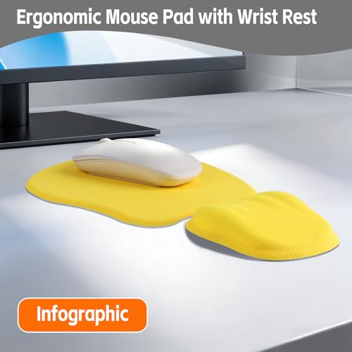 Ergonomic Mouse Pad with Wrist Support, Memory Foam Wrist Rest & Mouse Pad Set, Relieves Wrist Pressure for Comfortable Office & Gaming Use (Bright Yellow) - color: Bright Yellow