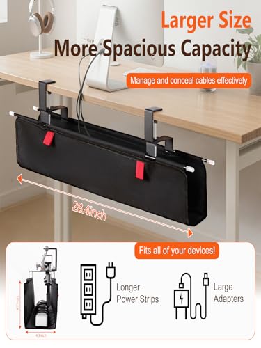 No Drill Under Desk Cable Management Tray - 28" Cord Management Under Desk - No Drill Needed - Easy Clamp - Premium Fabric Cable Management Tray for Office/Home